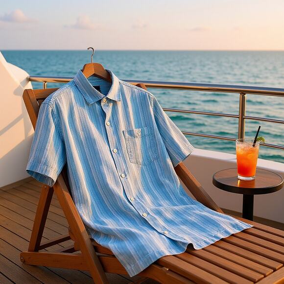 TOMMY BAHAMA 100% Silk Hawaiian Camp Shirt Blue Striped Vacation Mens Medium - Picture 1 of 7